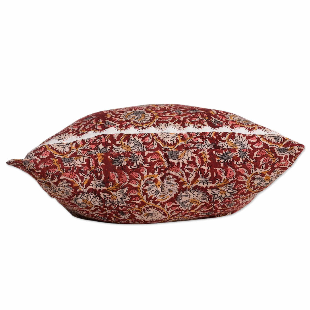 2 Red Kalamkari Applique Cotton Cushion Covers from India - Russet Garden