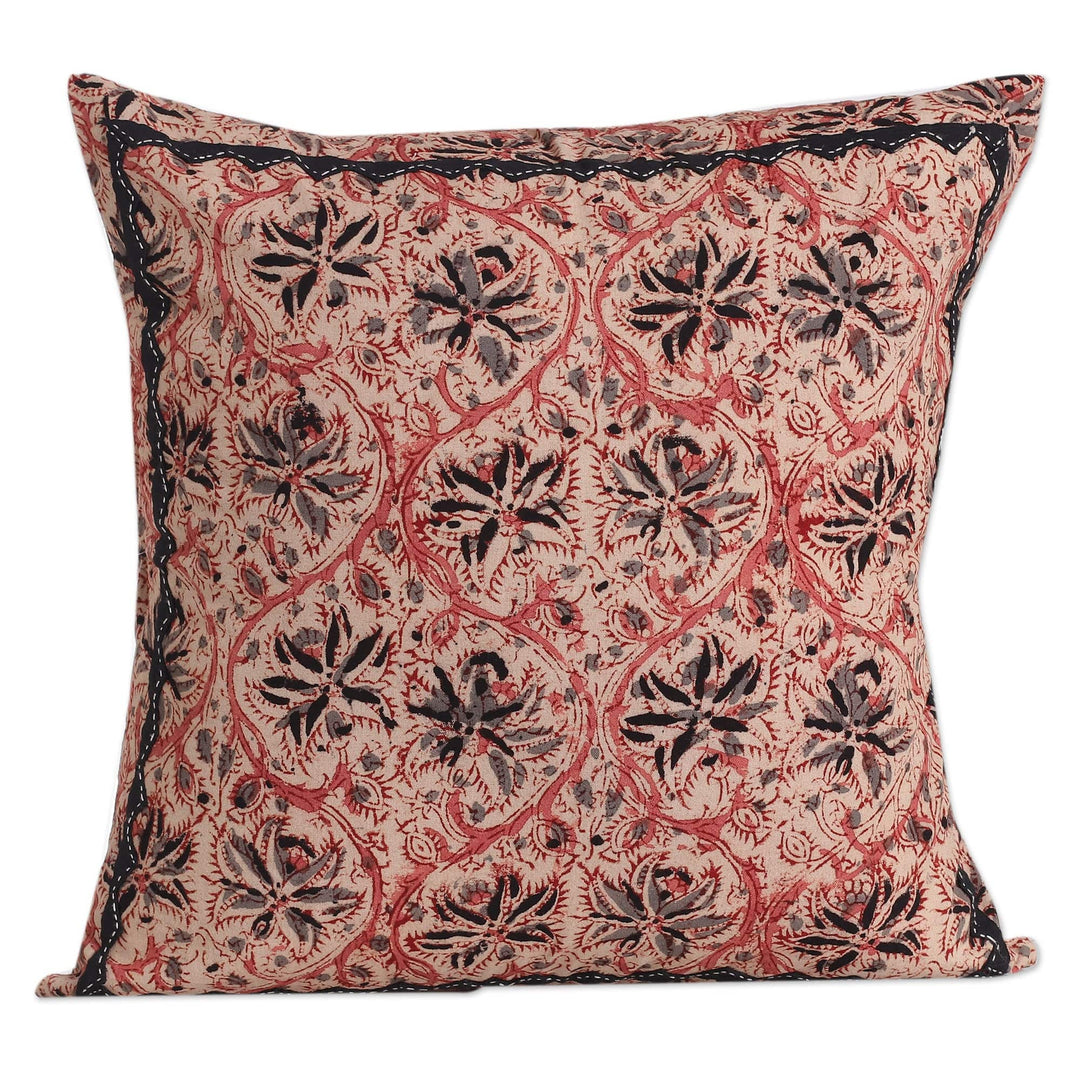 2 Ivory Kalamkari Applique Cotton Cushion Covers from India - Ivory Garden