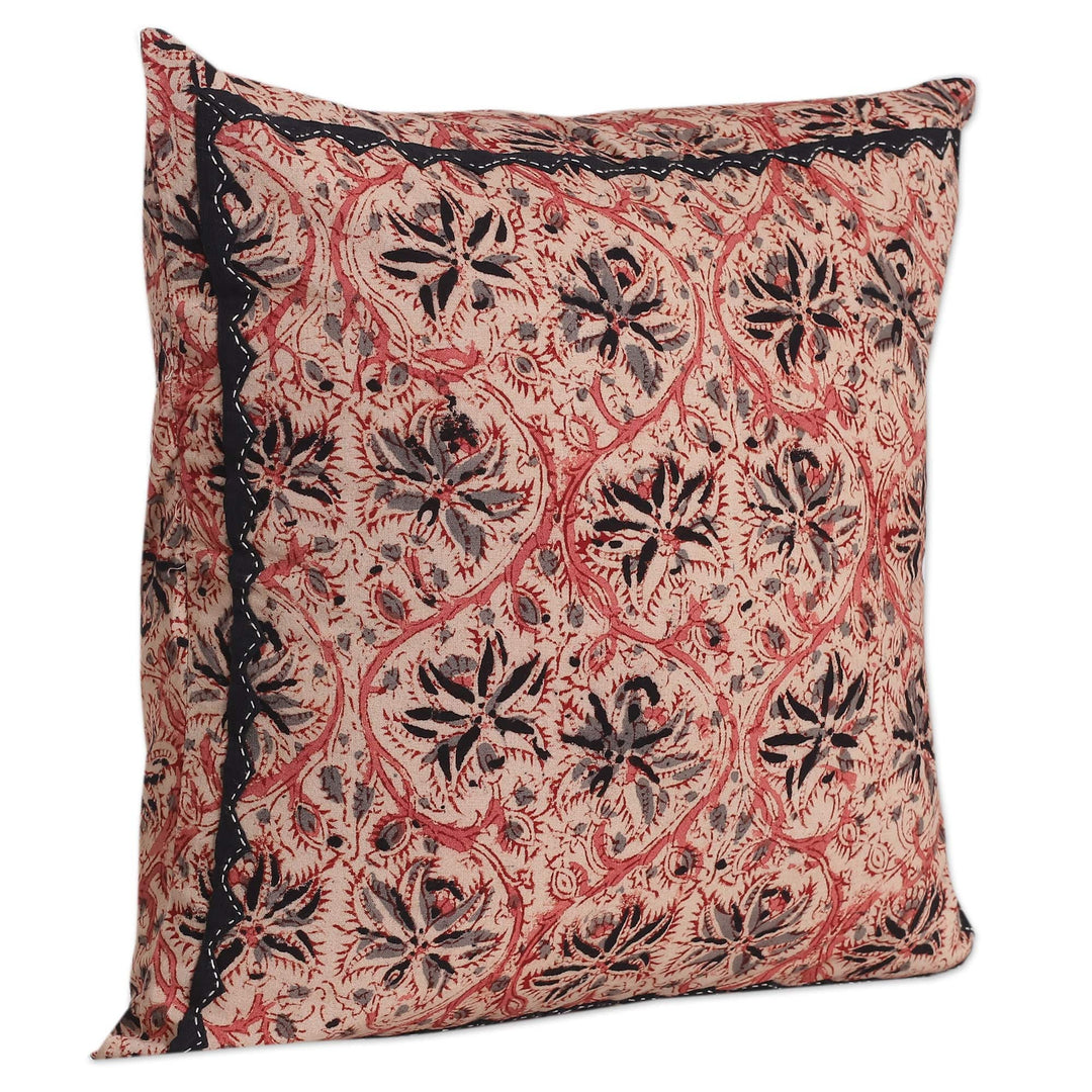2 Ivory Kalamkari Applique Cotton Cushion Covers from India - Ivory Garden