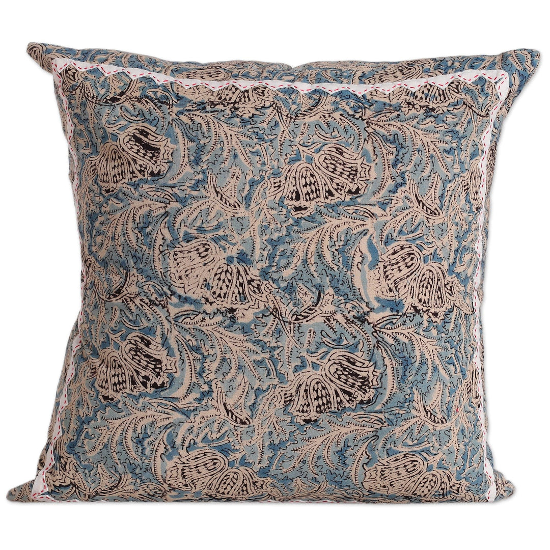 2 Ivory Blue Black Kalamkari Applique Cotton Cushion Covers - Blue Elegance