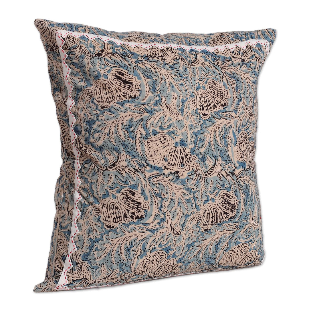 2 Ivory Blue Black Kalamkari Applique Cotton Cushion Covers - Blue Elegance
