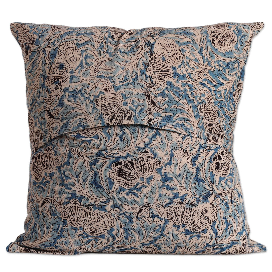 2 Ivory Blue Black Kalamkari Applique Cotton Cushion Covers - Blue Elegance