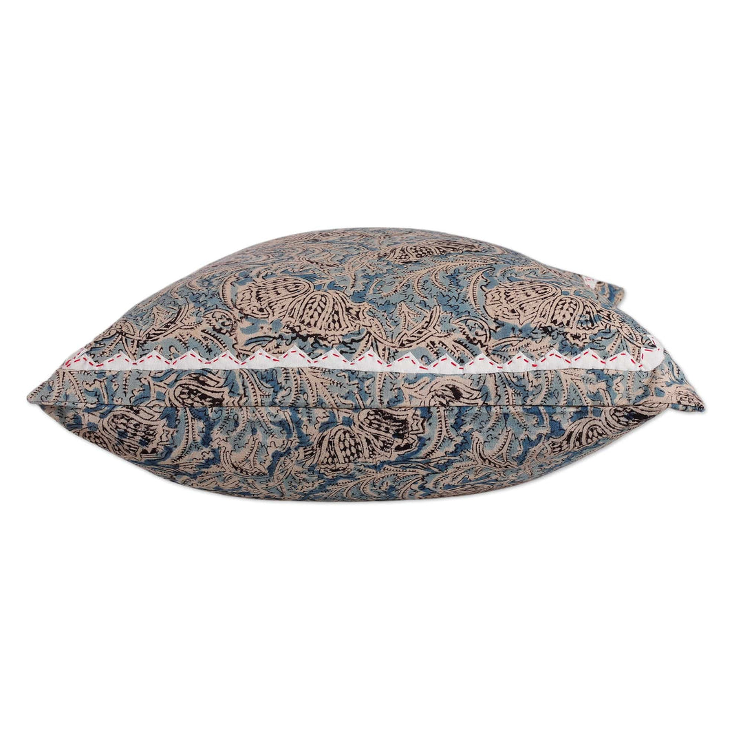 2 Ivory Blue Black Kalamkari Applique Cotton Cushion Covers - Blue Elegance