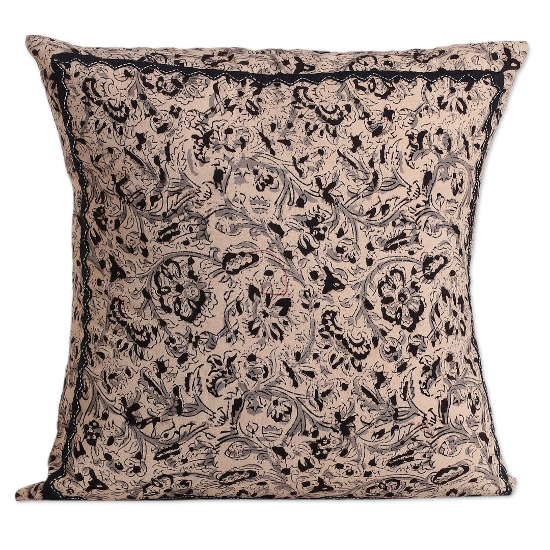 2 Ivory Grey Black Kalamkari Applique Cotton Cushion Covers - Midnight Garden