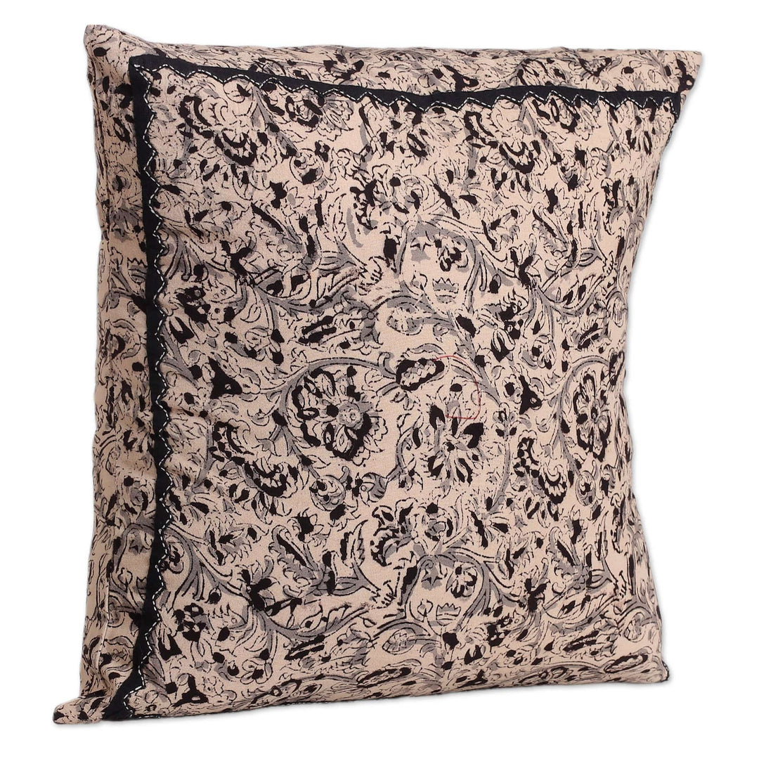 2 Ivory Grey Black Kalamkari Applique Cotton Cushion Covers - Midnight Garden