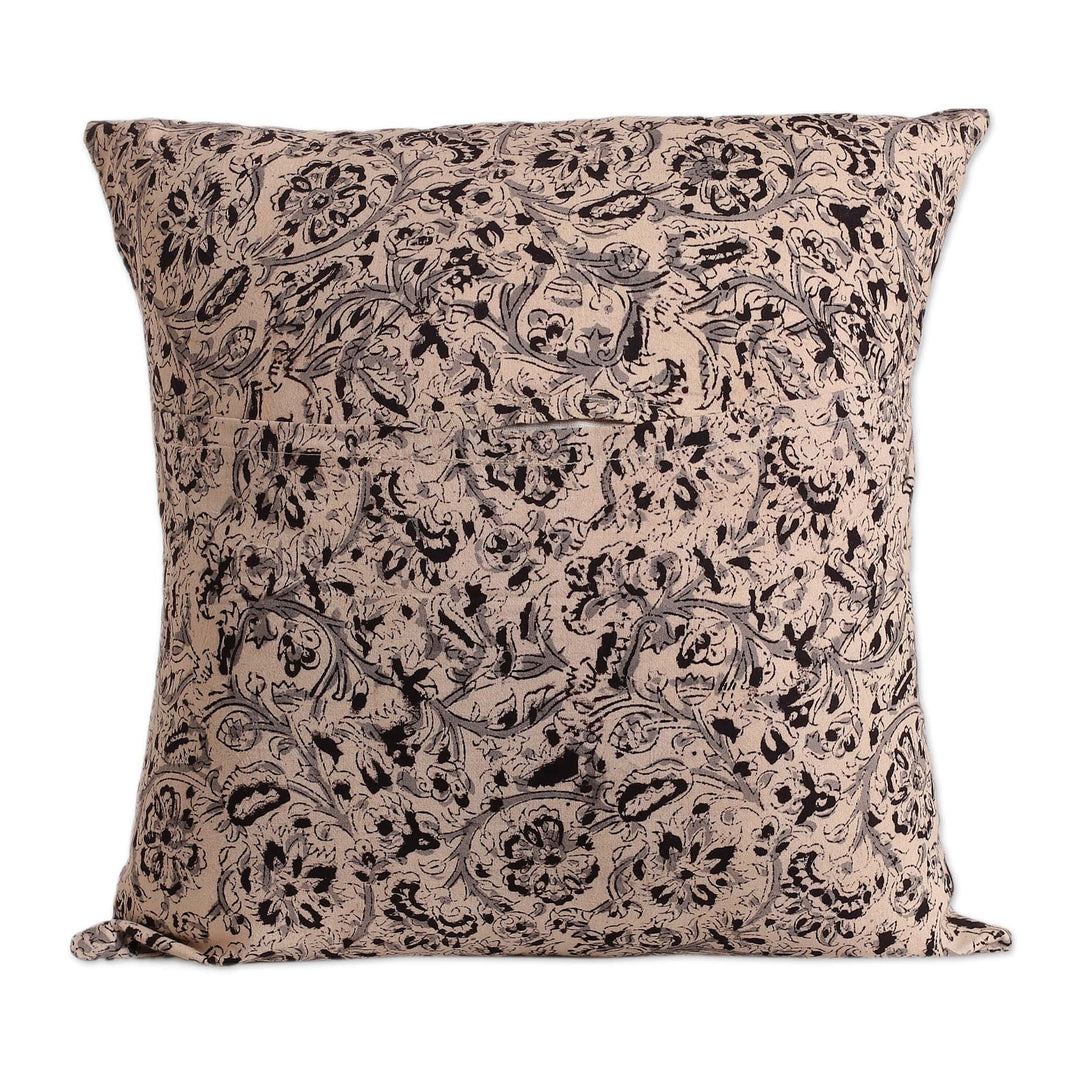 2 Ivory Grey Black Kalamkari Applique Cotton Cushion Covers - Midnight Garden