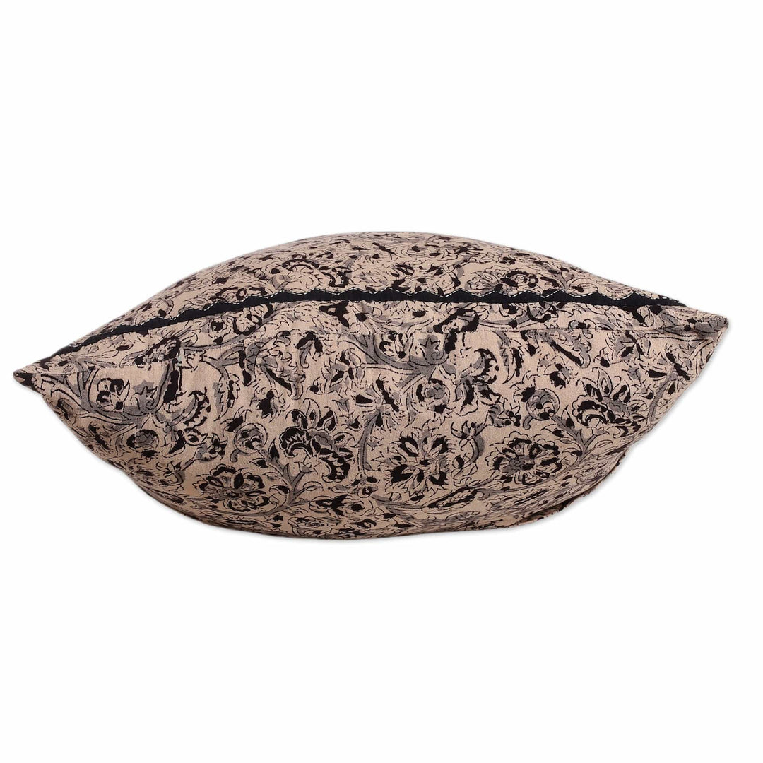 2 Ivory Grey Black Kalamkari Applique Cotton Cushion Covers - Midnight Garden