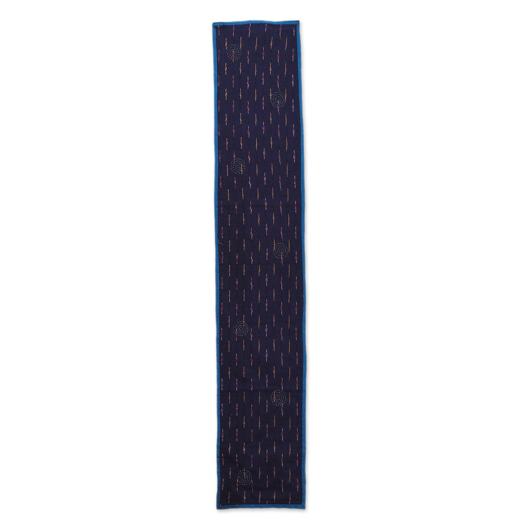 Embroidered Reversible Cotton Table Runner in Blue and Red - Ikat Glory