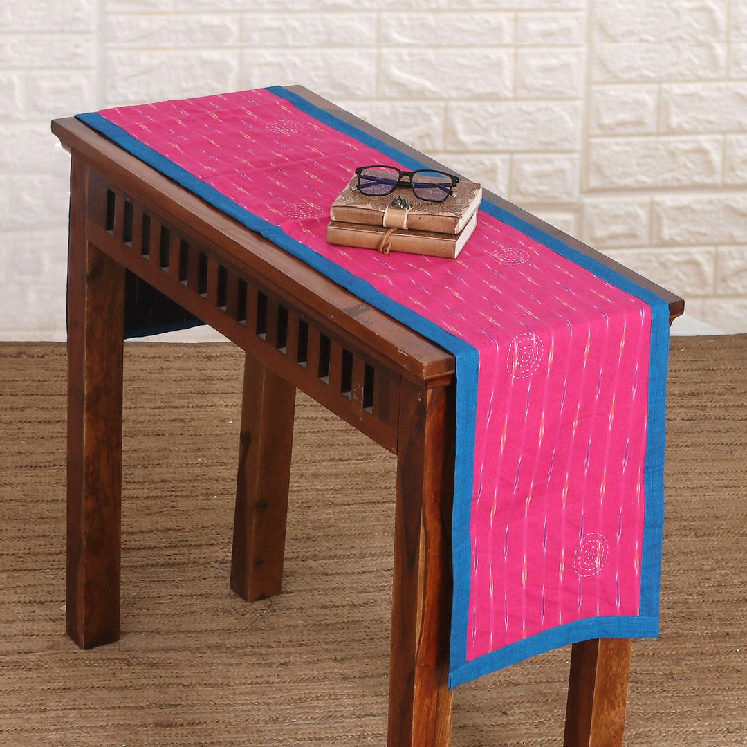 Embroidered Reversible Cotton Table Runner in Blue and Red - Ikat Glory