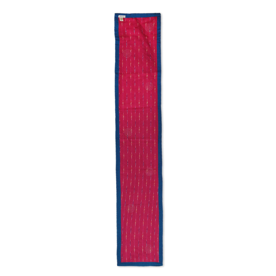 Embroidered Reversible Cotton Table Runner in Blue and Red - Ikat Glory