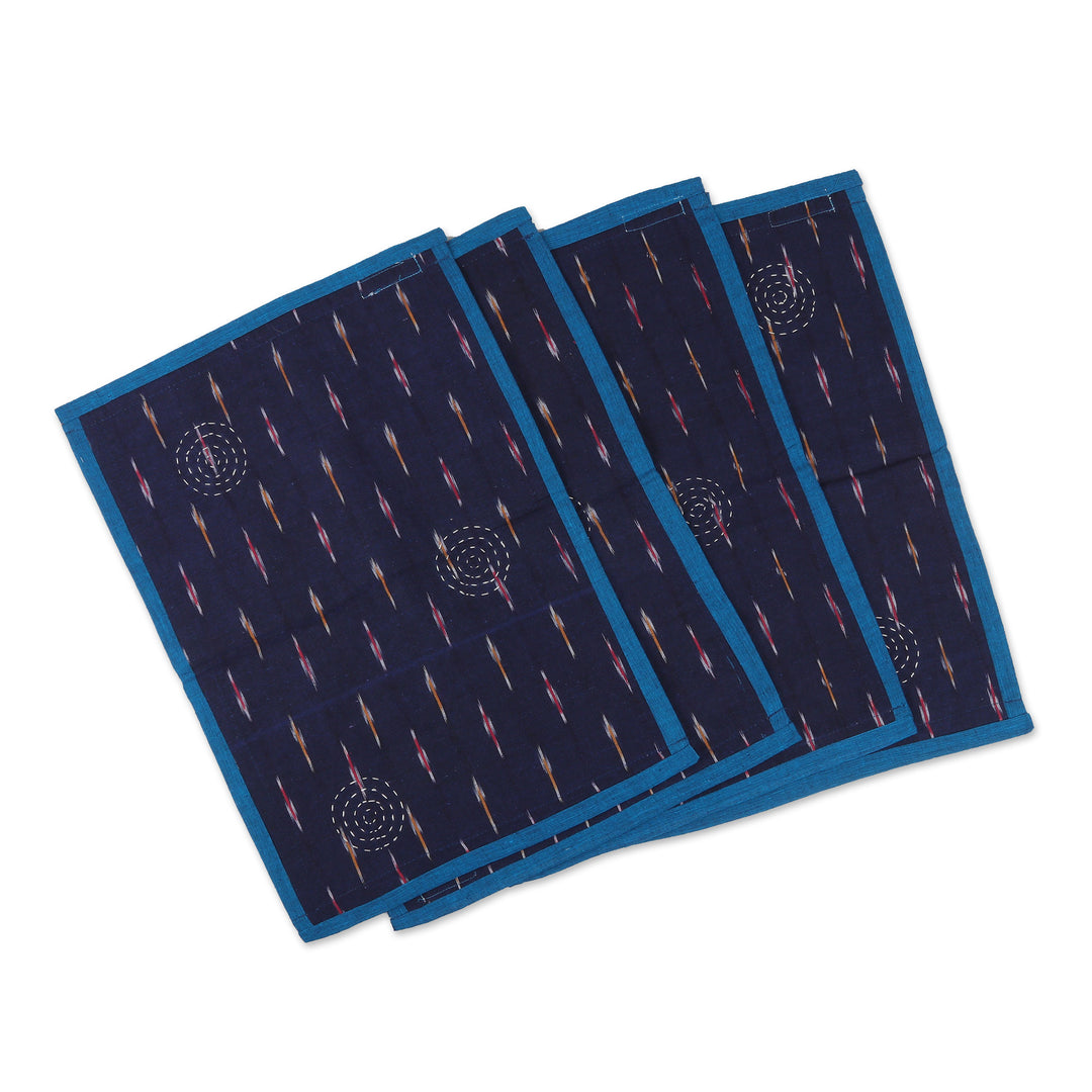 Set of 4 Reversible Cotton Placemats in Blue and Red - Ikat Glory