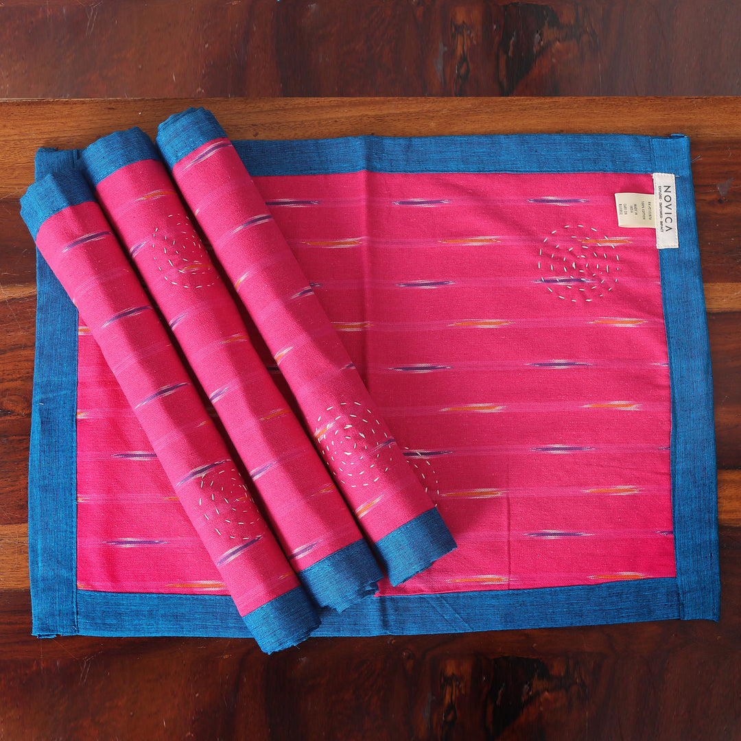 Set of 4 Reversible Cotton Placemats in Blue and Red - Ikat Glory
