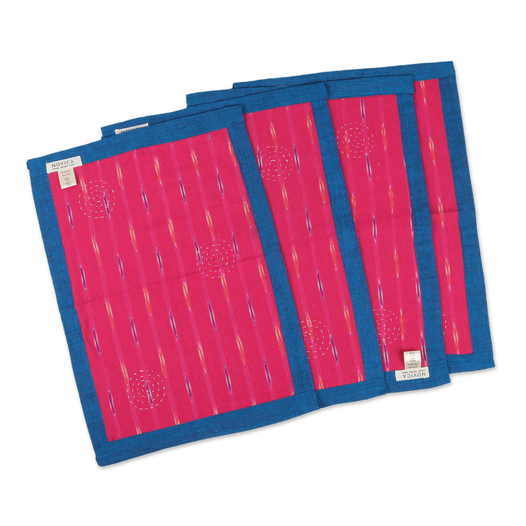 Set of 4 Reversible Cotton Placemats in Blue and Red - Ikat Glory