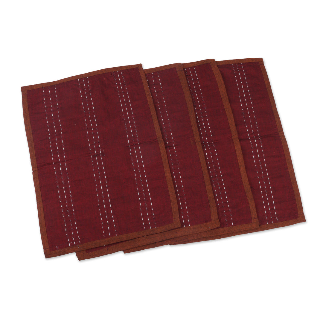 Set of 4 Reversible Cotton Placemats in Burgundy and Orange - Ikat Essence