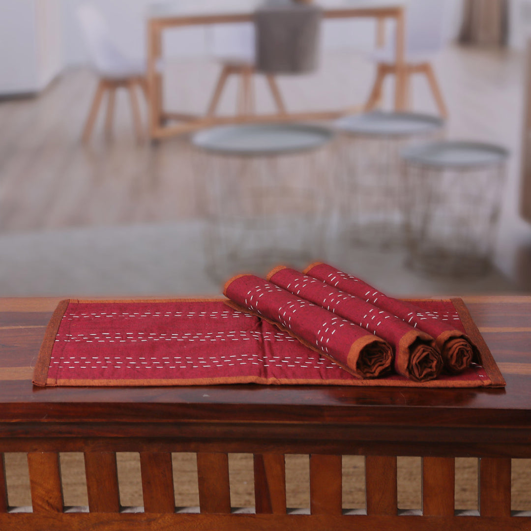 Set of 4 Reversible Cotton Placemats in Burgundy and Orange - Ikat Essence