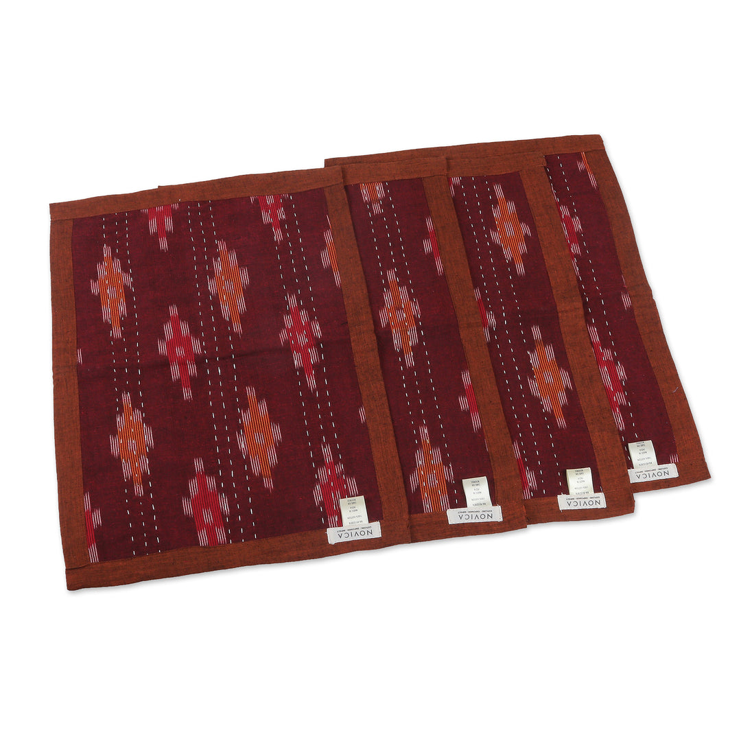 Set of 4 Reversible Cotton Placemats in Burgundy and Orange - Ikat Essence