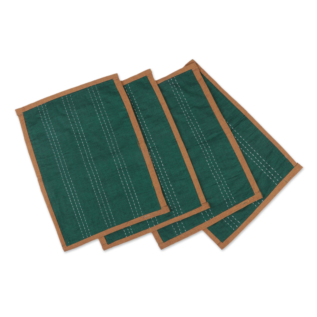 Set of 4 Reversible Cotton Placemats in Green and Multicolor - Ikat Glam
