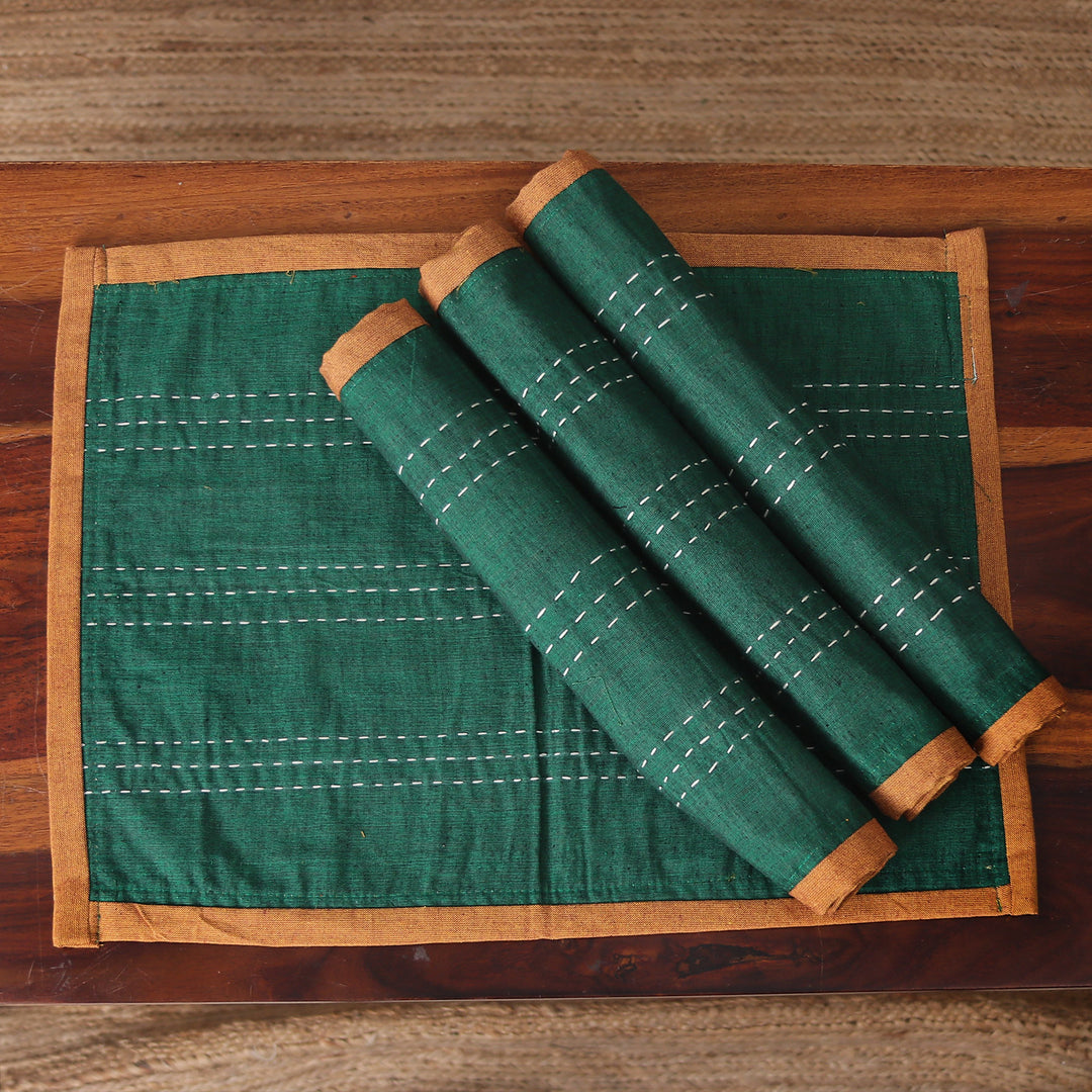Set of 4 Reversible Cotton Placemats in Green and Multicolor - Ikat Glam