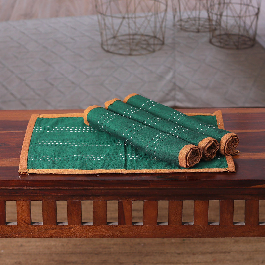 Set of 4 Reversible Cotton Placemats in Green and Multicolor - Ikat Glam