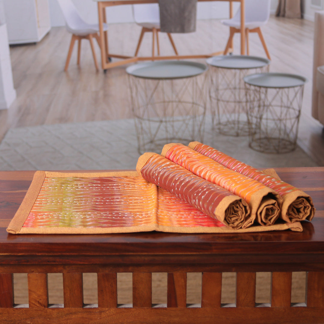 Set of 4 Reversible Cotton Placemats in Green and Multicolor - Ikat Glam