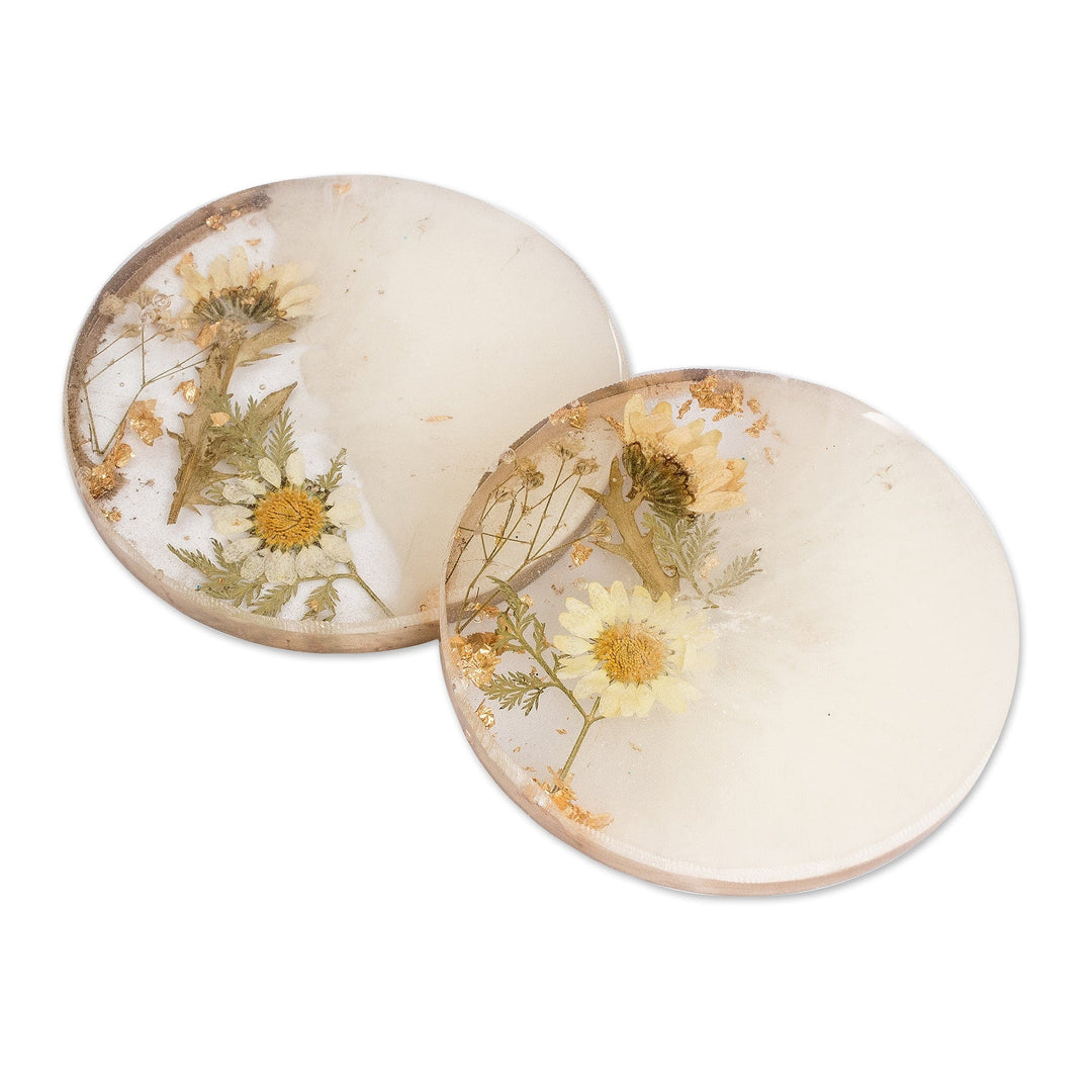 Pair of Handcrafted Floral Round White Resin Coasters - Ethereal Blooming