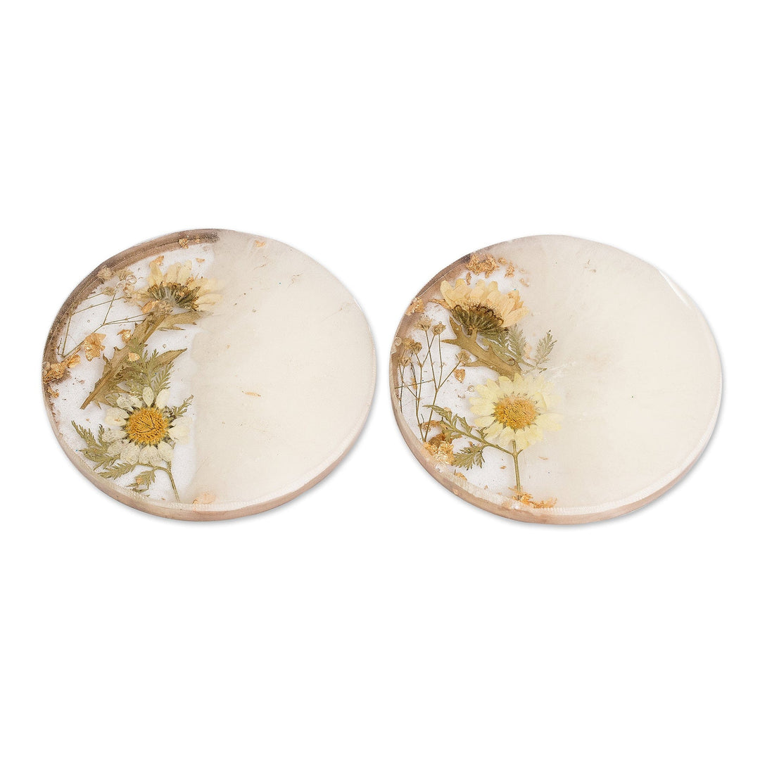 Pair of Handcrafted Floral Round White Resin Coasters - Ethereal Blooming