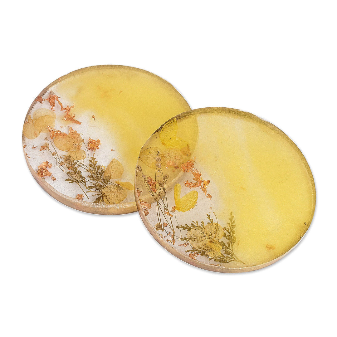 Pair of Handcrafted Floral Round Yellow Resin Coasters - Prosperous Blooming