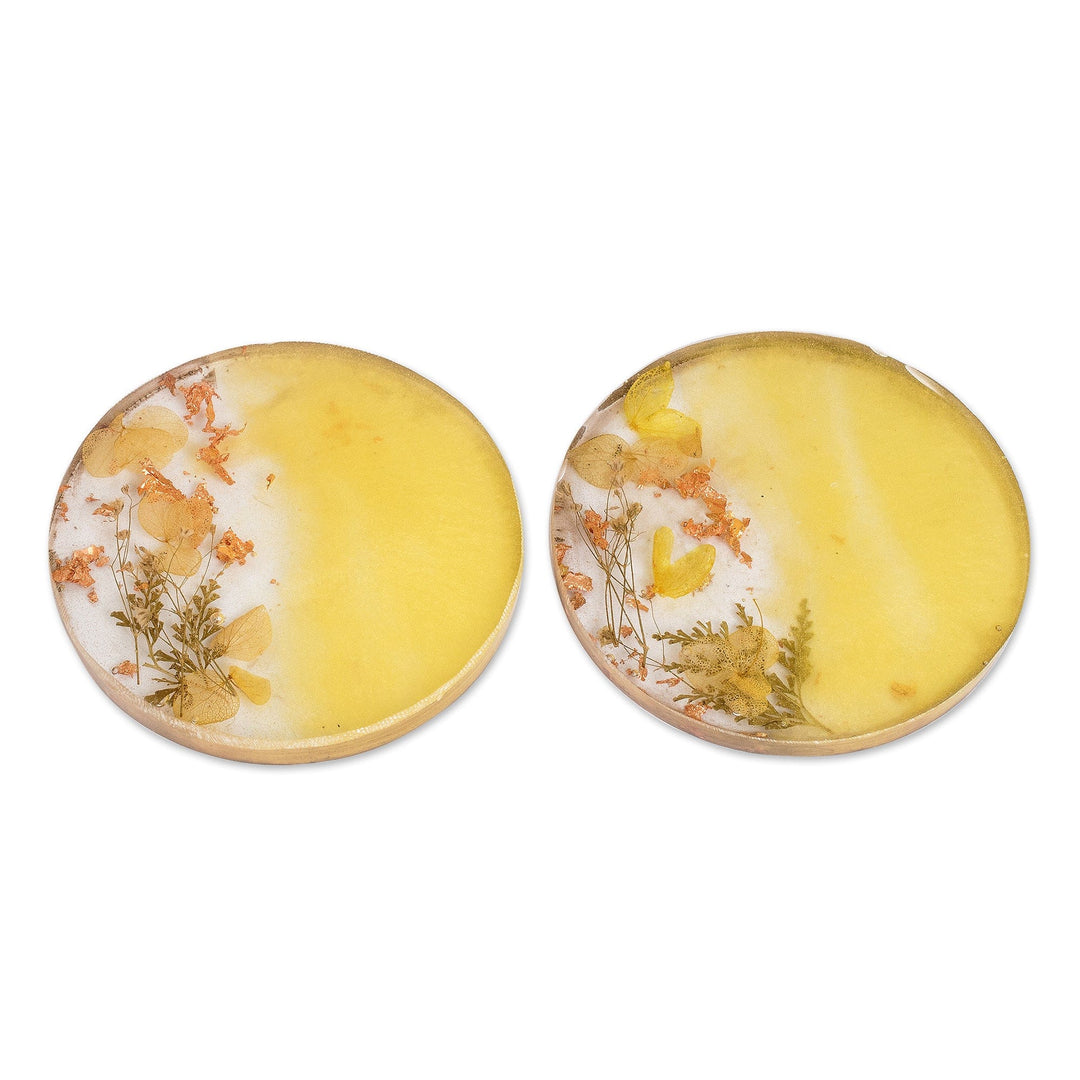 Pair of Handcrafted Floral Round Yellow Resin Coasters - Prosperous Blooming