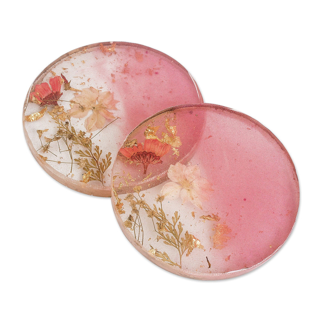 Pair of Handcrafted Floral Round Pink Resin Coasters - Dulcet Blooming