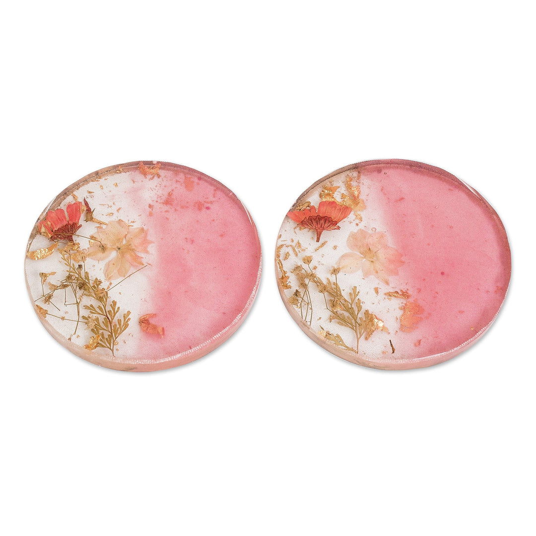 Pair of Handcrafted Floral Round Pink Resin Coasters - Dulcet Blooming
