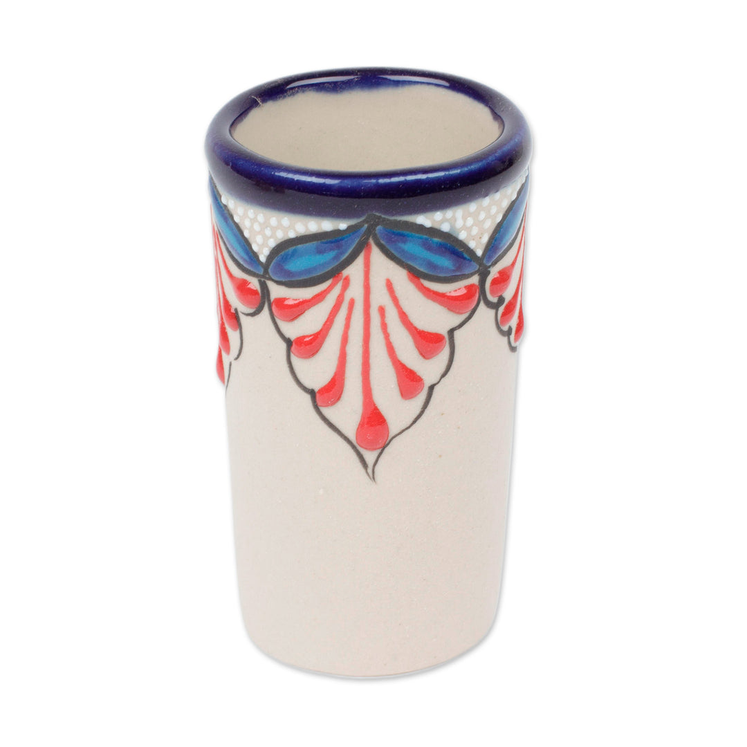 Set of 4 Handmade Talavera-Style Blue and Red Tequila Cups - Hidalgo Flourish