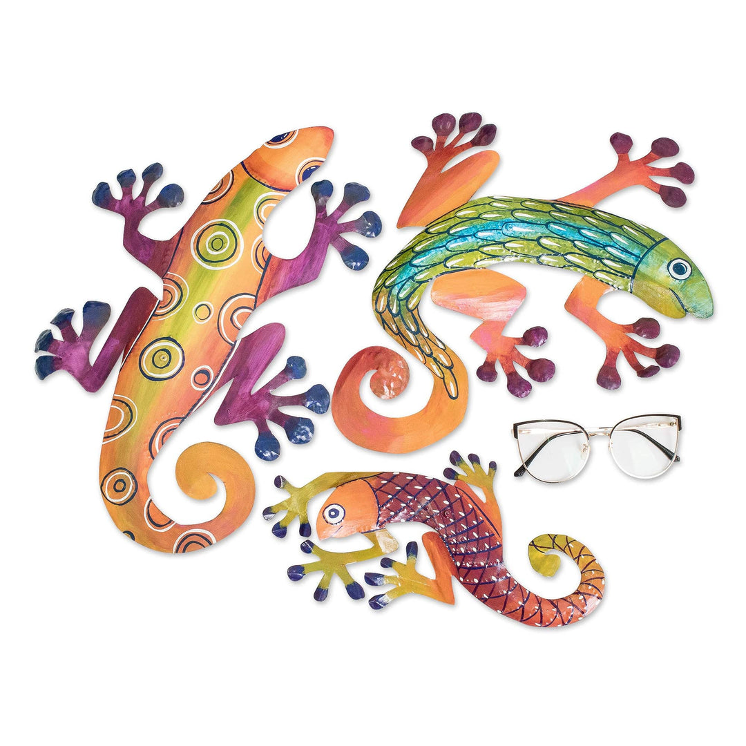 Set of 3 Hand-Painted Lizard-Shaped Colorful Steel Wall Art - Lizard Party