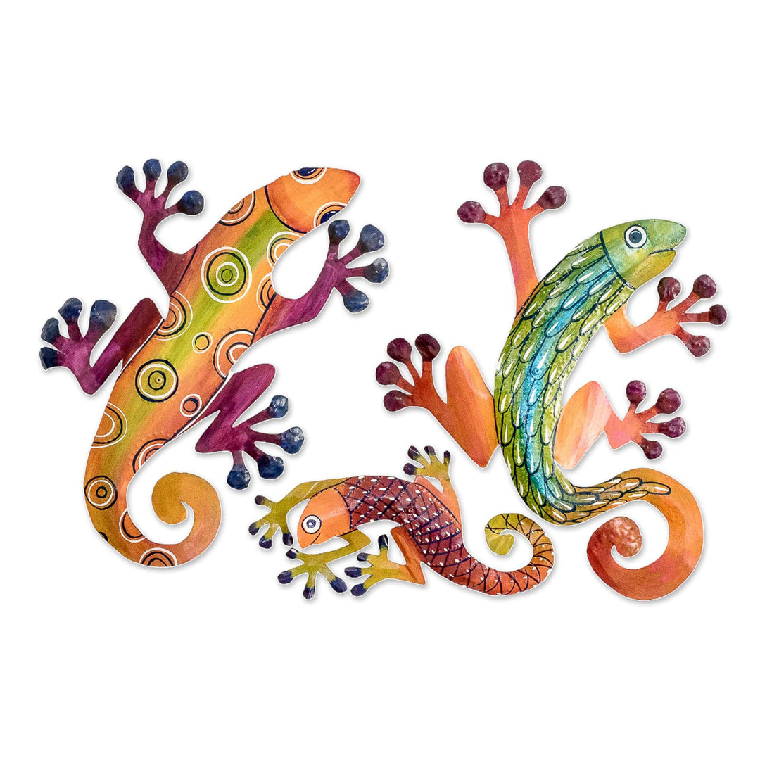 Set of 3 Hand-Painted Lizard-Shaped Colorful Steel Wall Art - Lizard Party