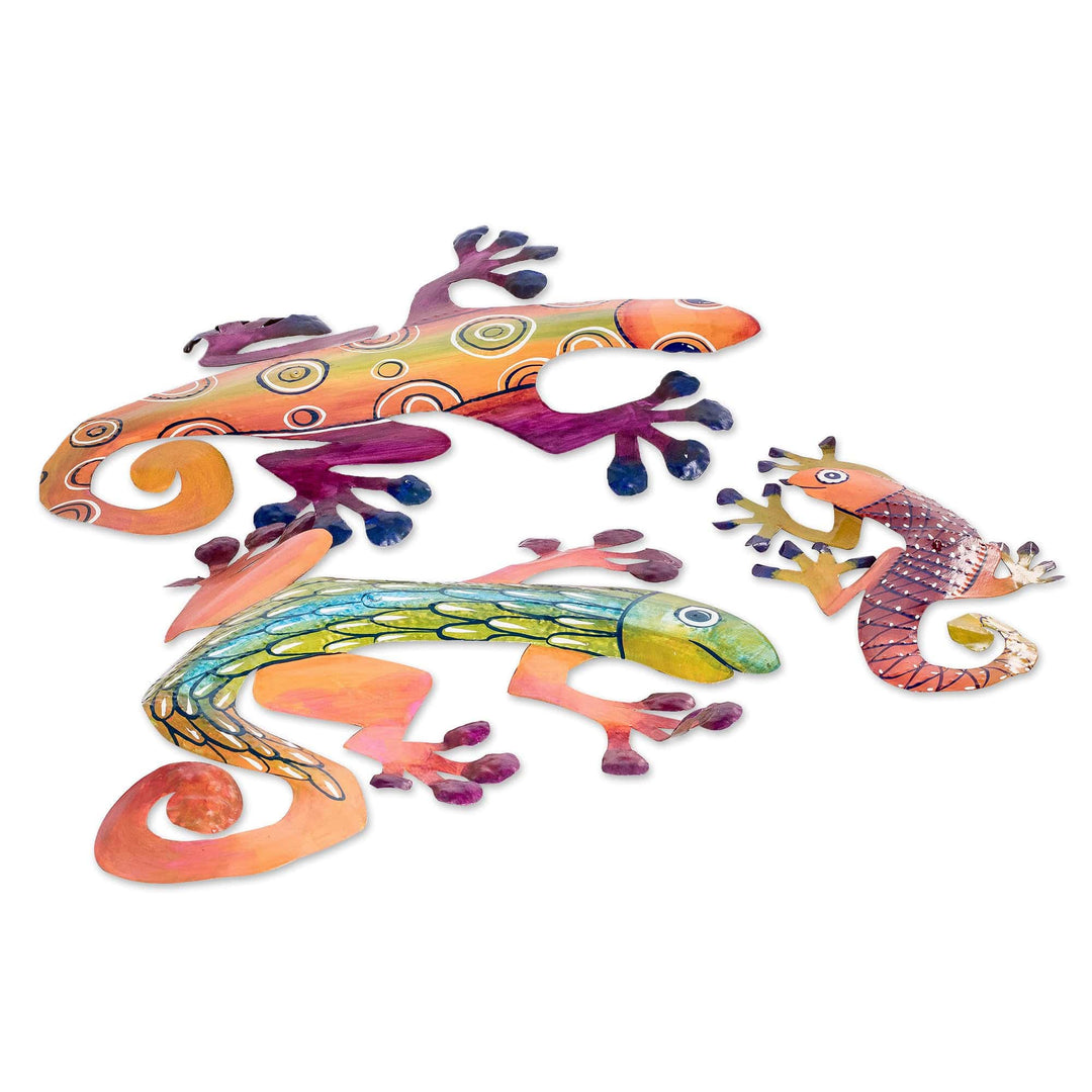Set of 3 Hand-Painted Lizard-Shaped Colorful Steel Wall Art - Lizard Party