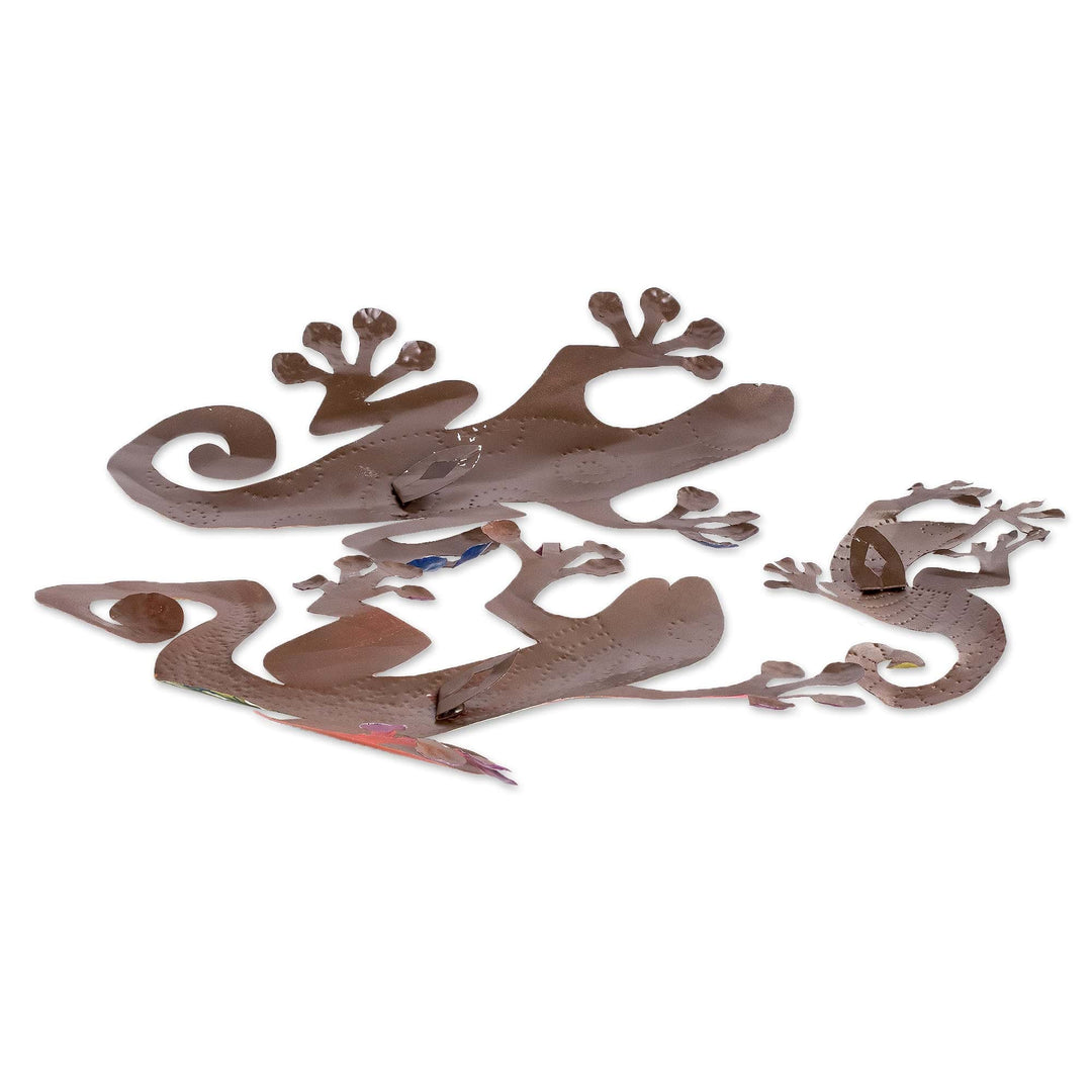 Set of 3 Hand-Painted Lizard-Shaped Colorful Steel Wall Art - Lizard Party