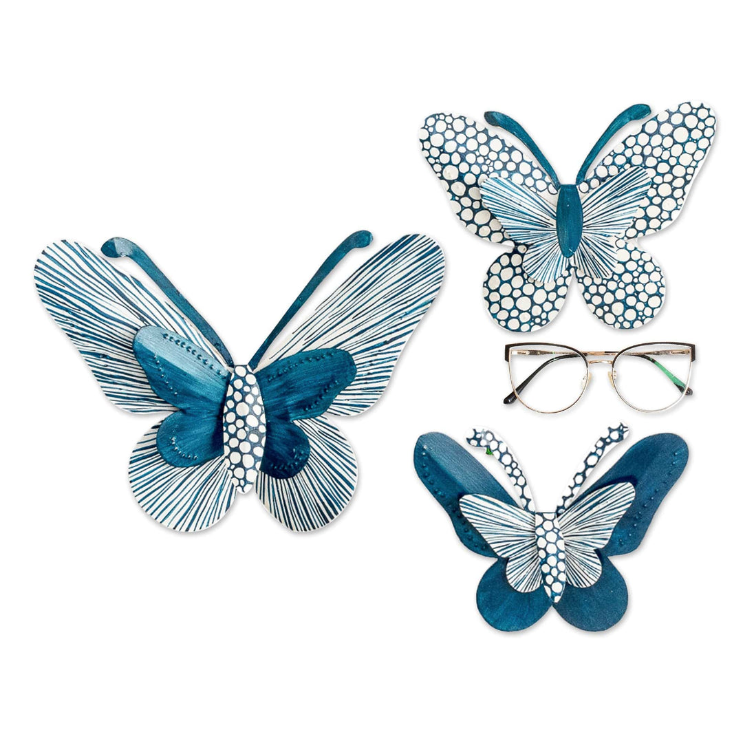 Set of 3 Hand-Painted Blue Butterfly-Shaped Steel Wall Art - Back to Heaven