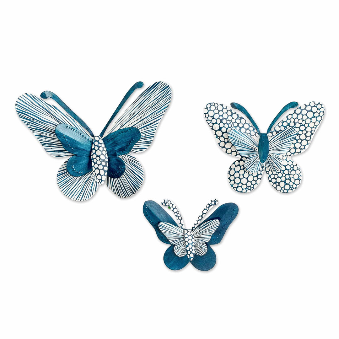 Set of 3 Hand-Painted Blue Butterfly-Shaped Steel Wall Art - Back to Heaven