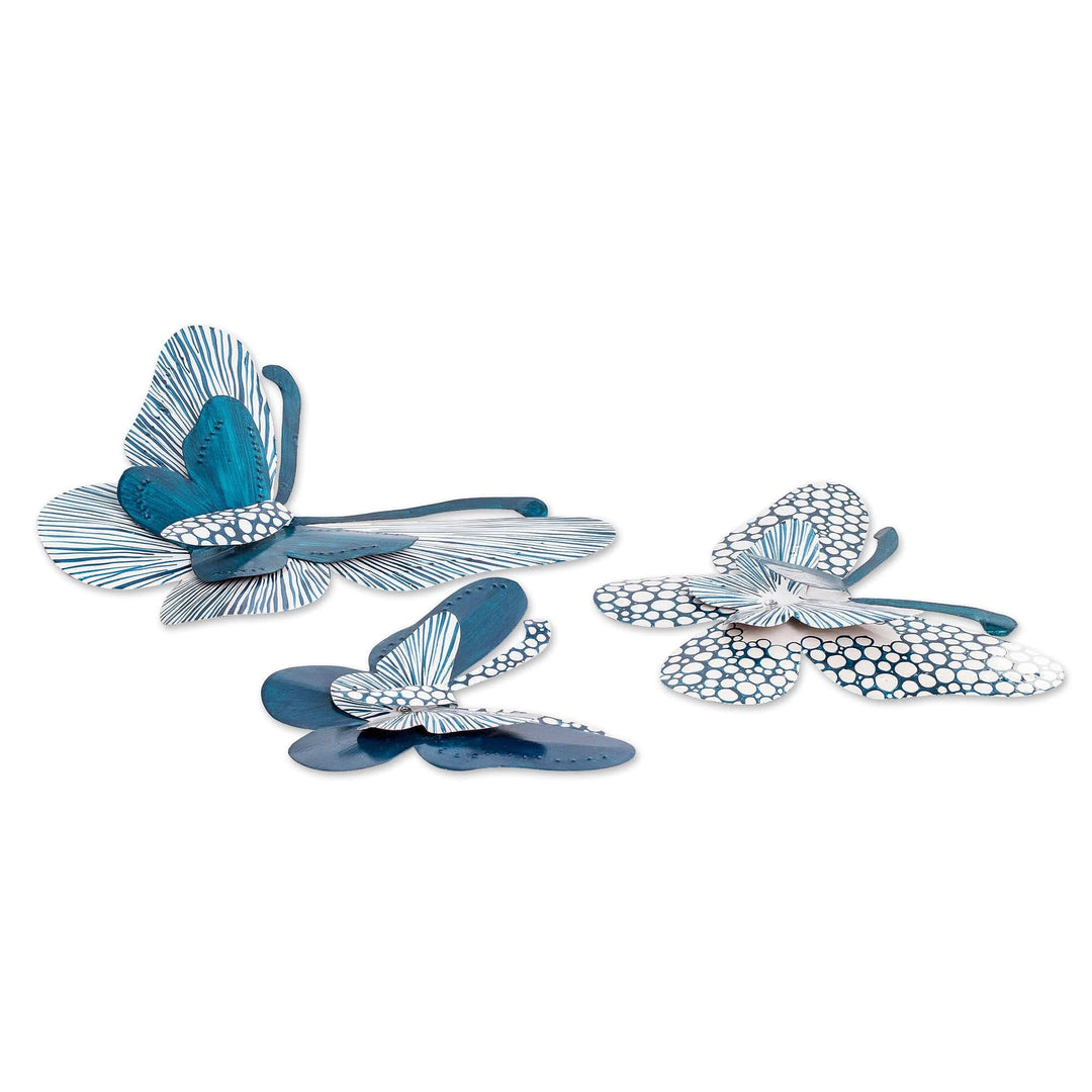 Set of 3 Hand-Painted Blue Butterfly-Shaped Steel Wall Art - Back to Heaven