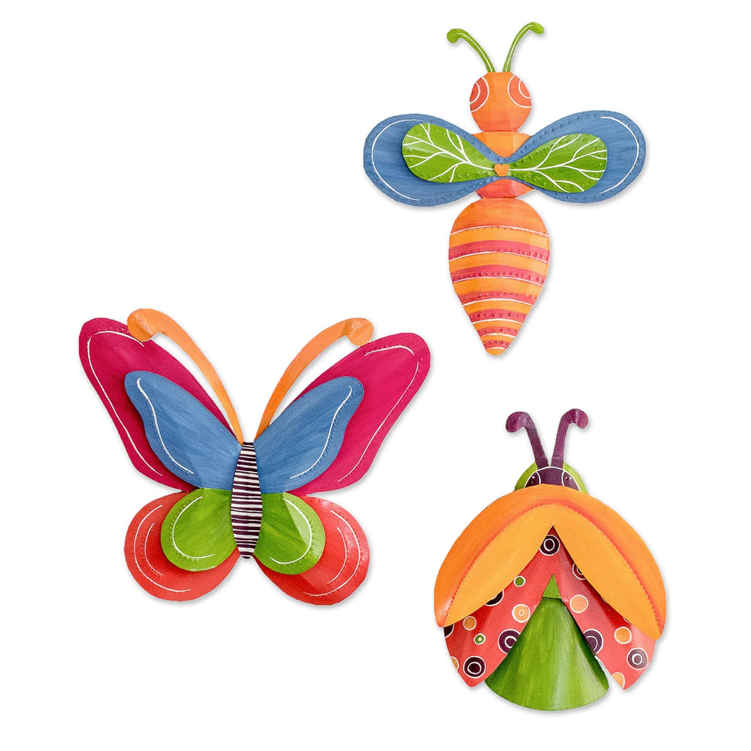 Set of 3 Whimsical Hand-Painted Colorful Steel Wall Art - Buggy Fantasy