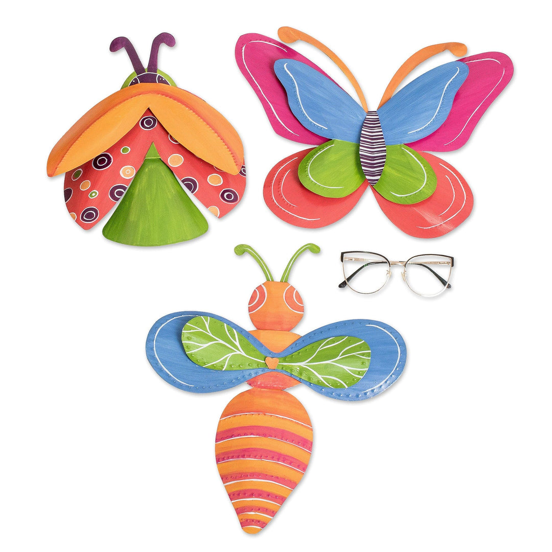Set of 3 Whimsical Hand-Painted Colorful Steel Wall Art - Buggy Fantasy