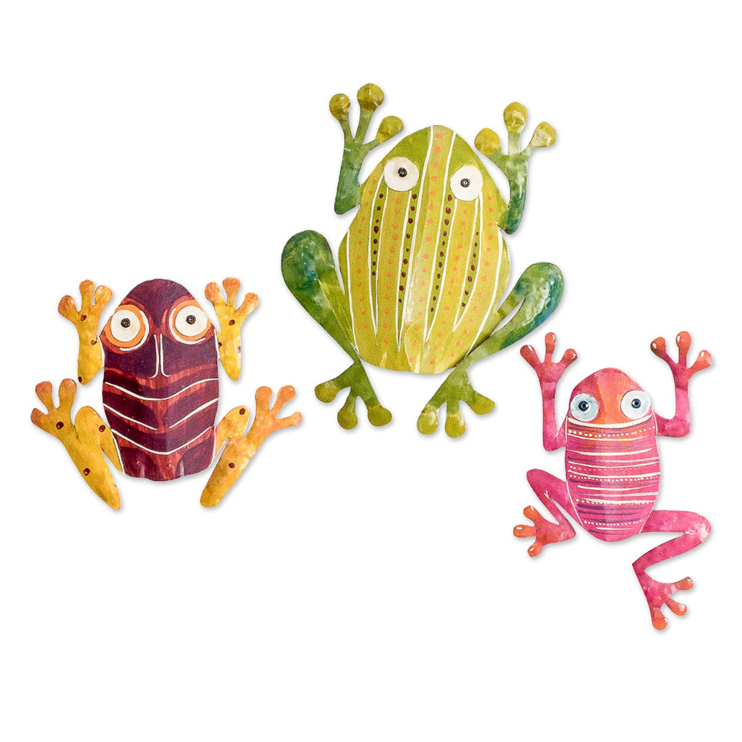 Set of 3 Hand-Painted Colorful Frog-Shaped Steel Wall Art - Tropical Leaps
