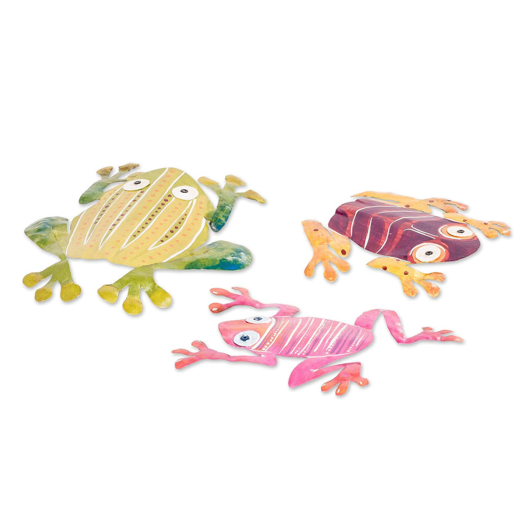 Set of 3 Hand-Painted Colorful Frog-Shaped Steel Wall Art - Tropical Leaps