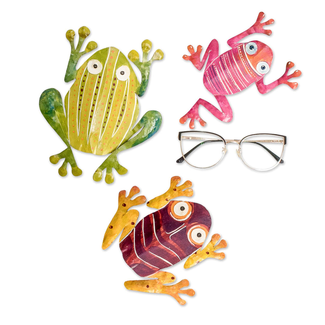 Set of 3 Hand-Painted Colorful Frog-Shaped Steel Wall Art - Tropical Leaps
