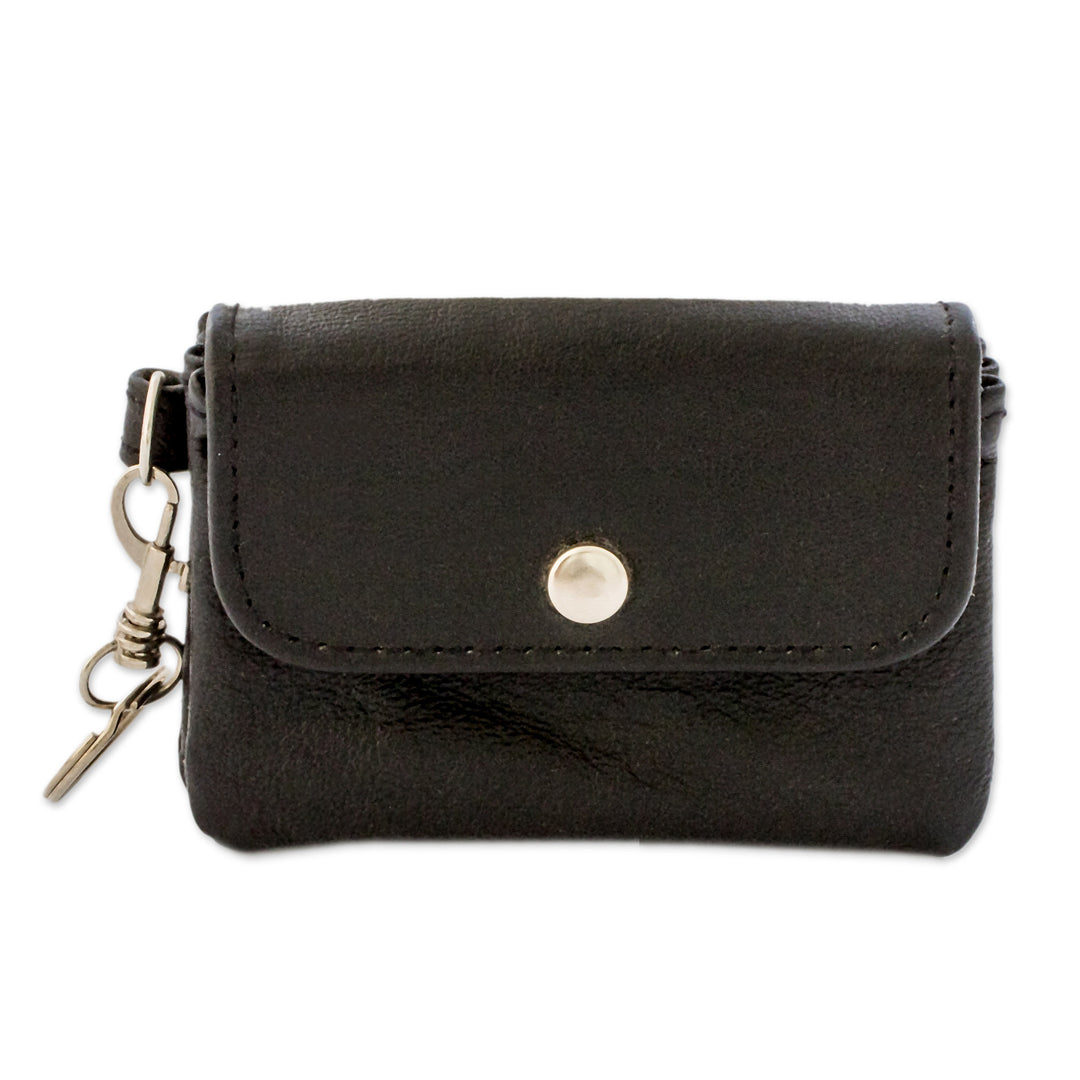 Eco-Friendly Black Leather Coin Purse with Snap Closure - Comfortable Prosperity