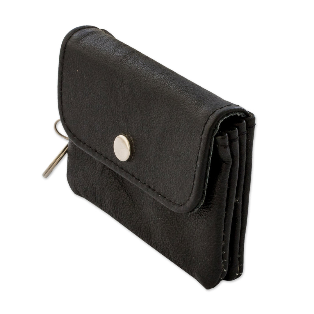 Eco-Friendly Black Leather Coin Purse with Snap Closure - Comfortable Prosperity