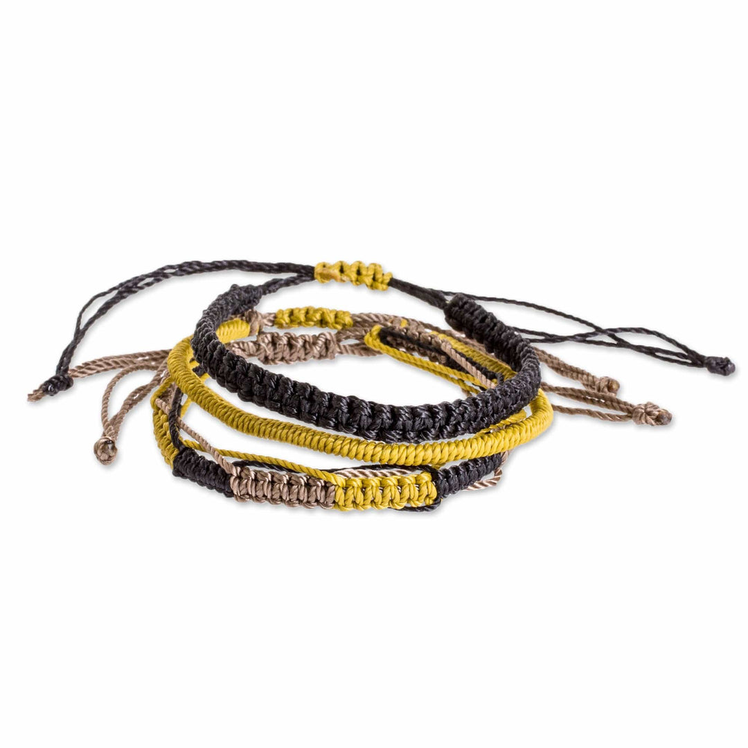 Set of 3 Black Yellow and Brown Macrame Friendship Bracelets - Coastal Dawn