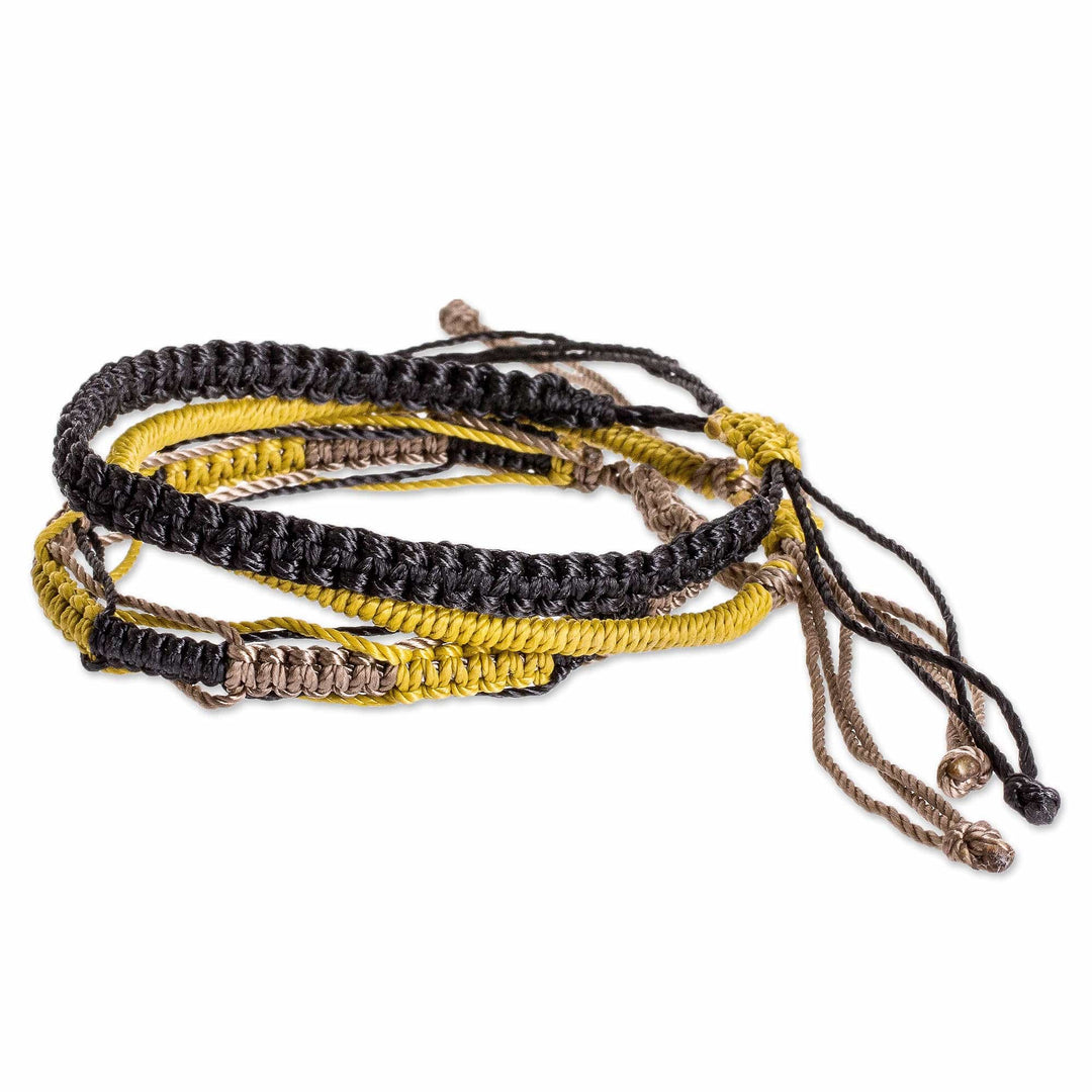Set of 3 Black Yellow and Brown Macrame Friendship Bracelets - Coastal Dawn