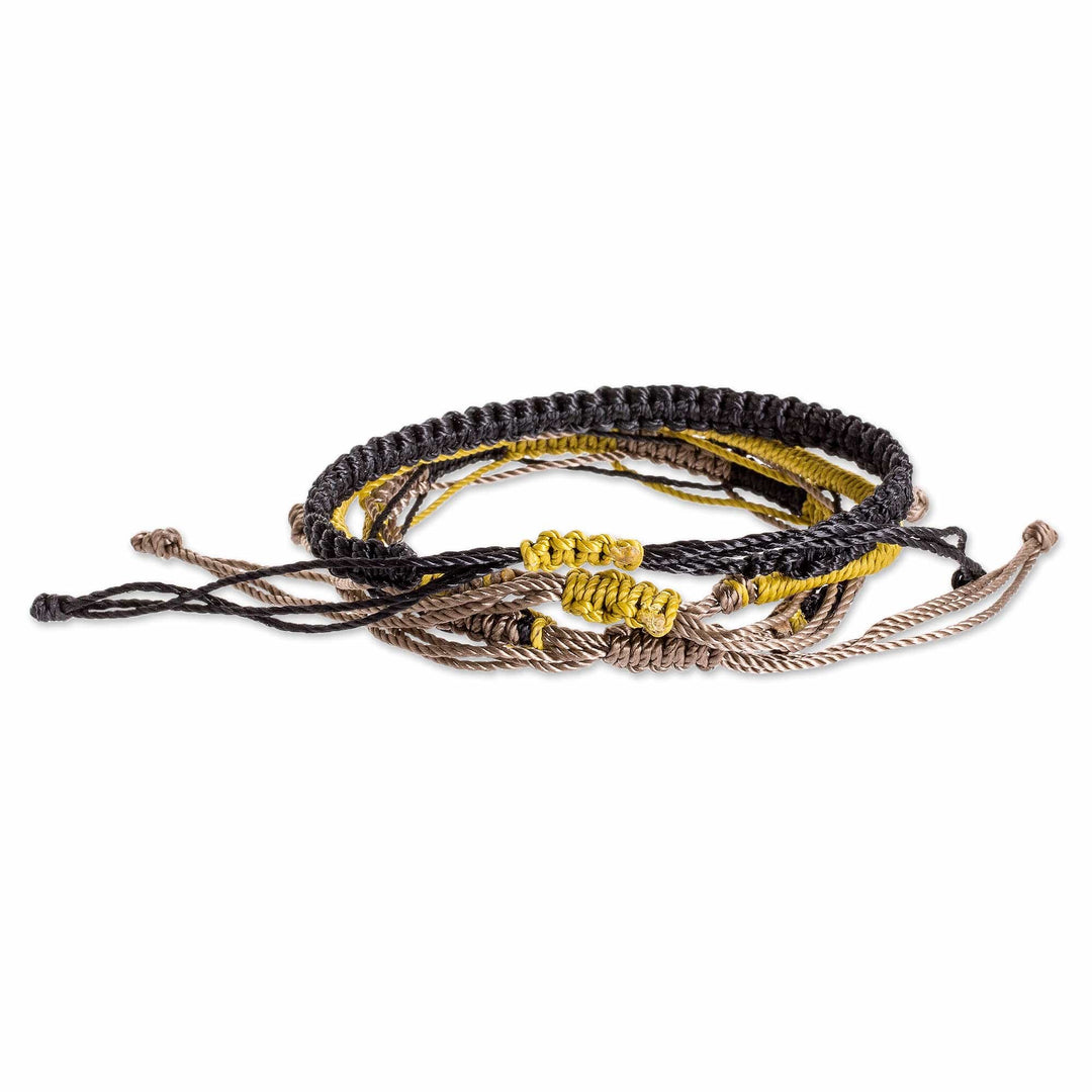 Set of 3 Black Yellow and Brown Macrame Friendship Bracelets - Coastal Dawn