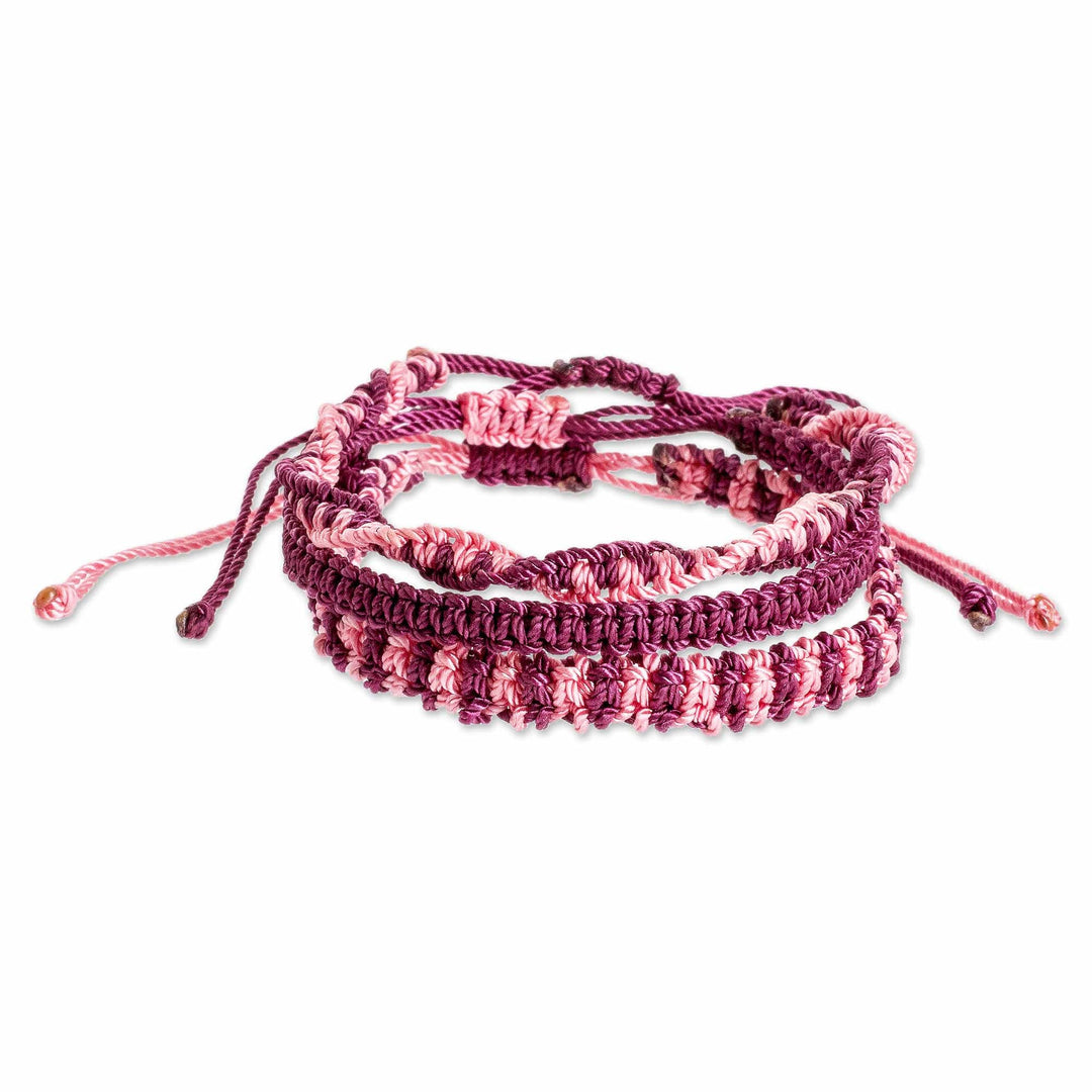 Set of 3 Macrame Friendship Bracelets in Burgundy and Pink - Burgundy and Rose