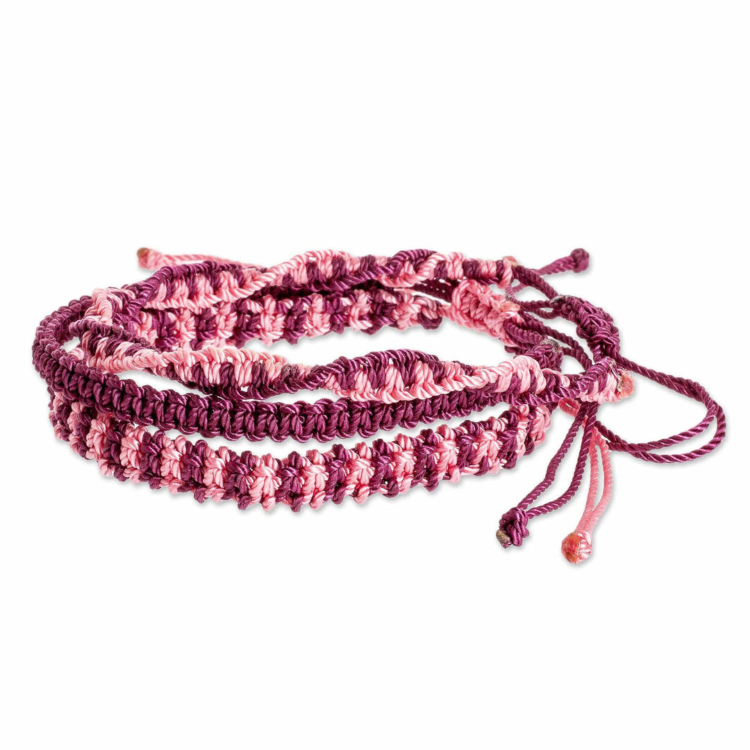 Set of 3 Macrame Friendship Bracelets in Burgundy and Pink - Burgundy and Rose
